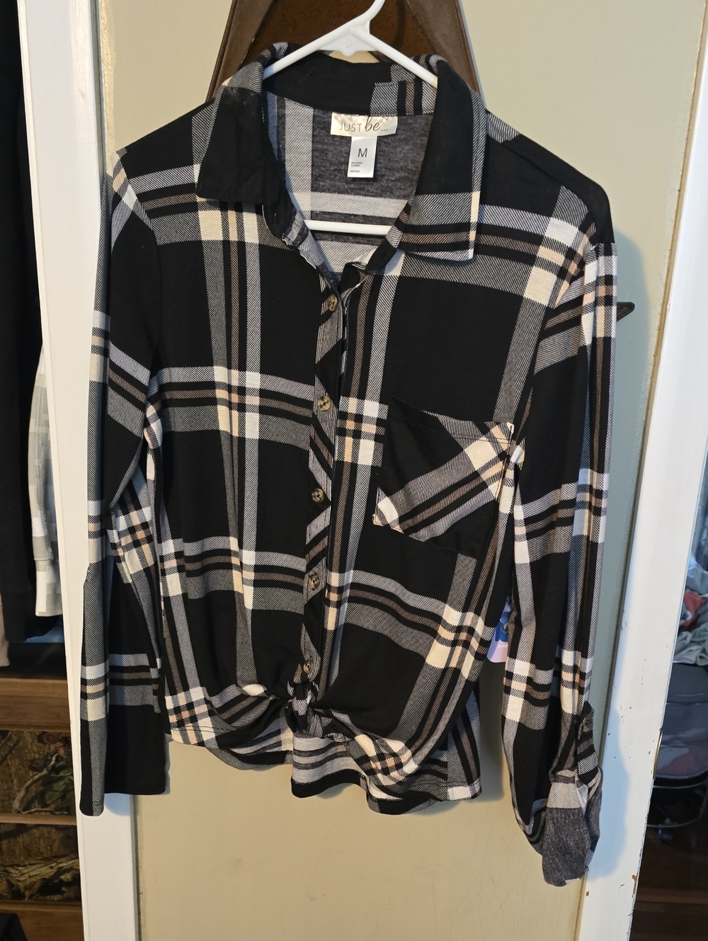 Brand New Black White Gray Plaid Tie-Hem Button Down Shirt